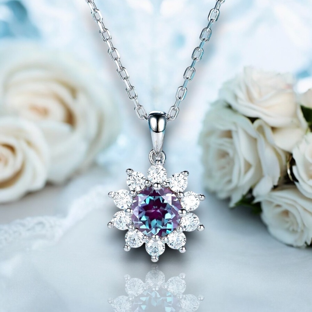Handcrafted Color Change Alexandrite Pendant 14K White Gold  ,  June Birthstone